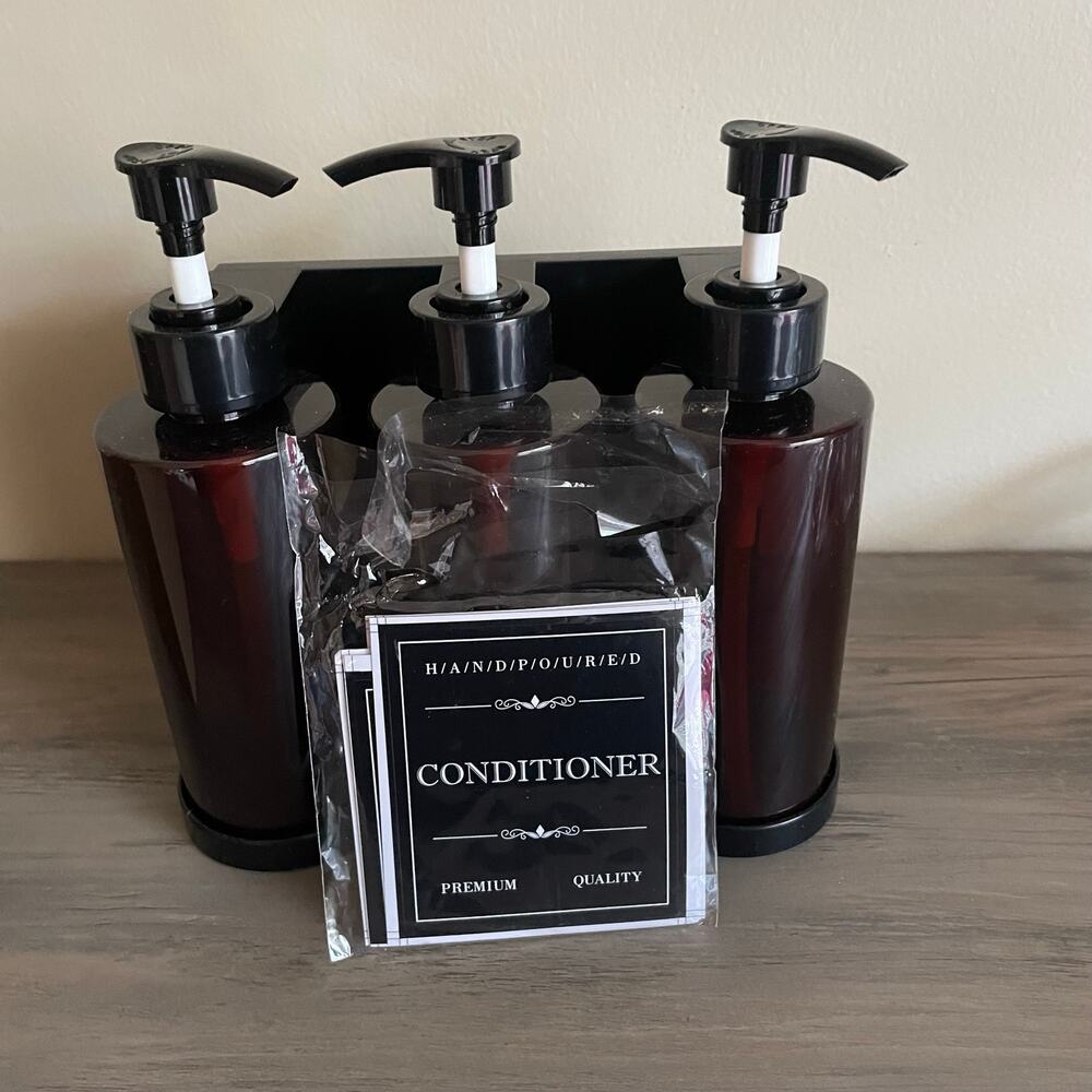 Shampoo Conditioner Body Wash Soap Dispenser Waterproof Labels Brown 3 Bottles